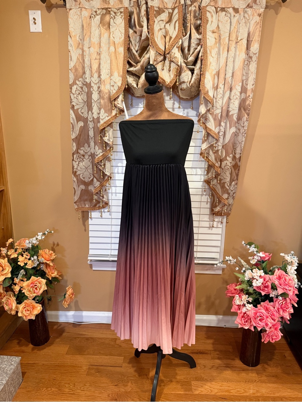 SHEIN Black to Blush Ombre Strapless Pleated Maxi Dress XL US Size 12